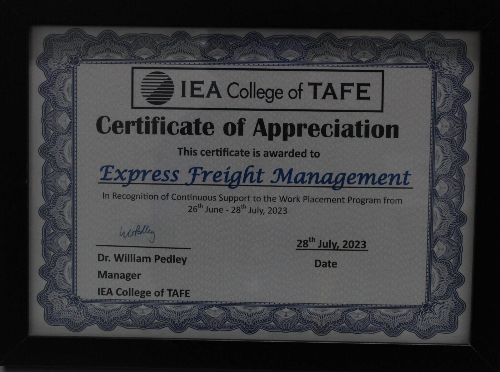 EFM certificate if appreciation express freight management